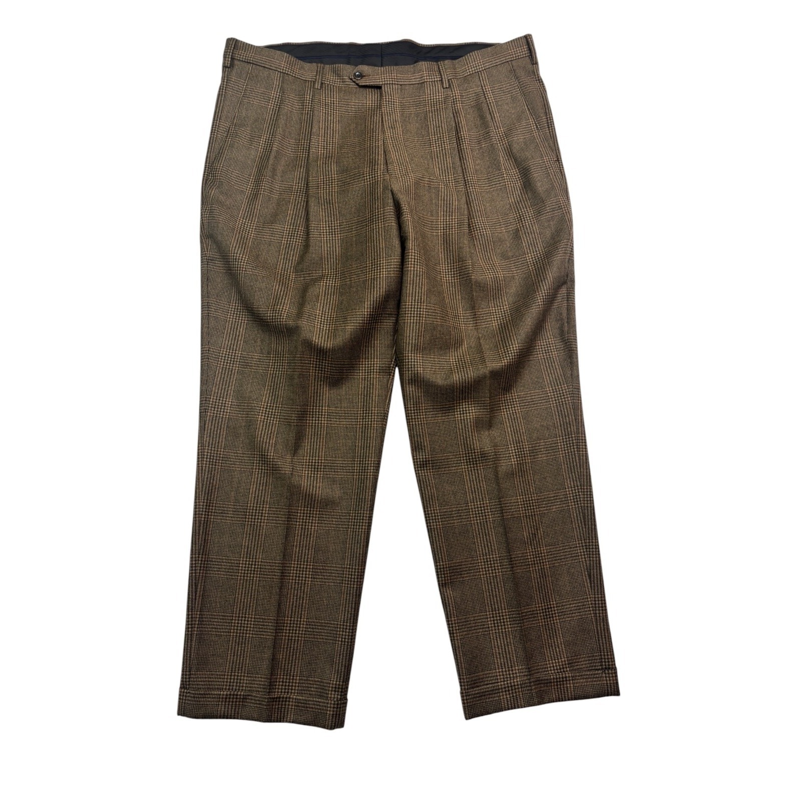 Paul Fredrick 44x32 Brown Plaid Flannel Wool Dress Pants Trousers Pleated Cuffed